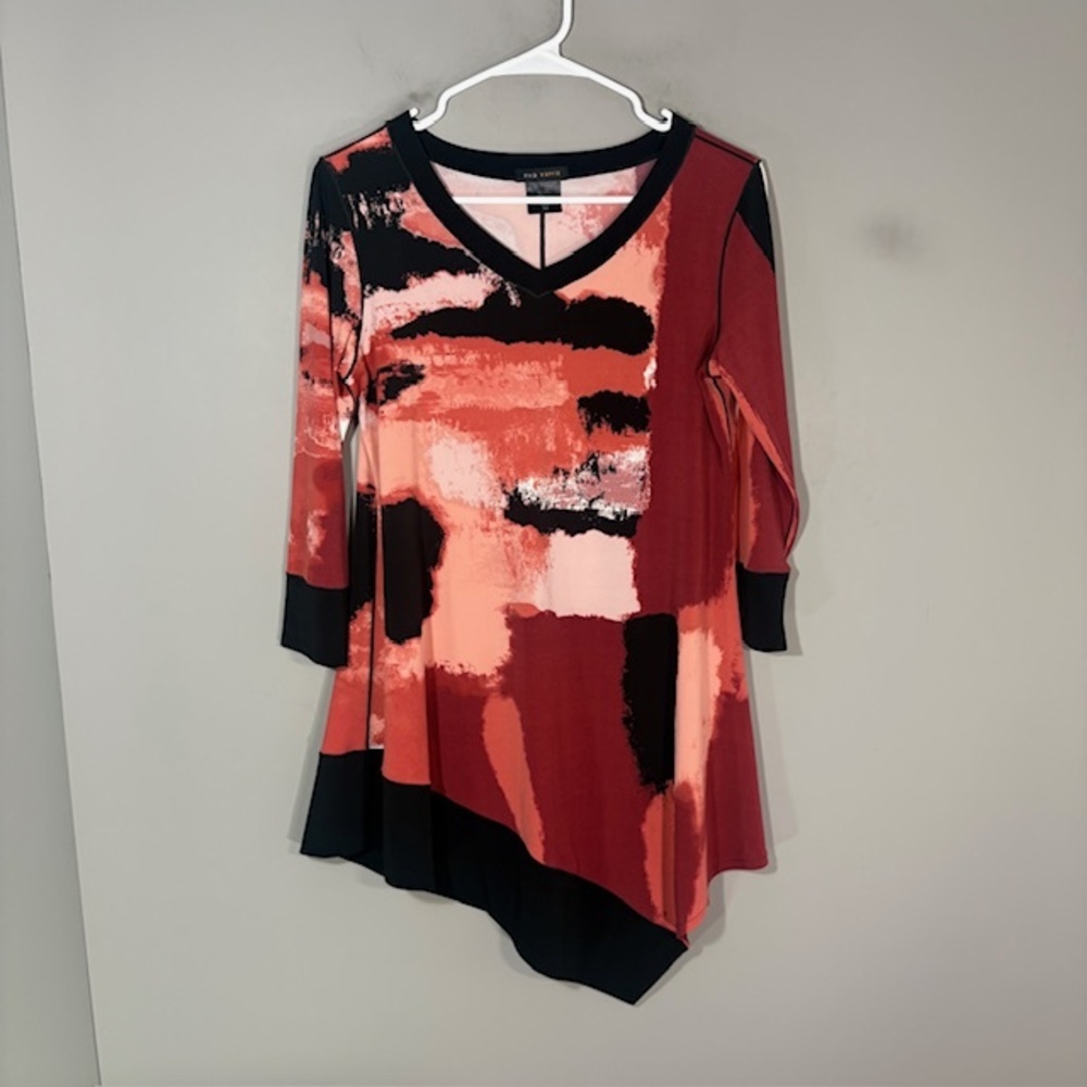 Eva Varro Tunic Womens M Multicolor Abstract V Neck 3/4 Sleeve Asymmetrical Top